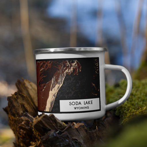 Right View Custom Soda Lake Wyoming Map Enamel Mug in Ember on Grass With Trees in Background