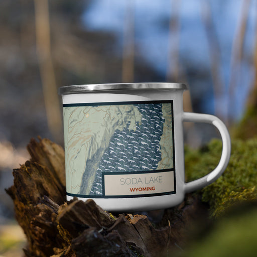 Right View Custom Soda Lake Wyoming Map Enamel Mug in Woodblock on Grass With Trees in Background