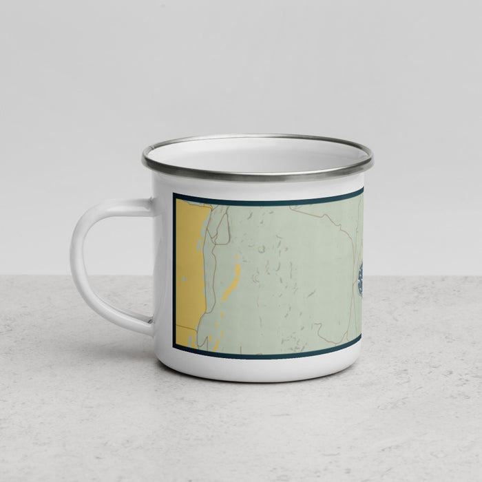 Left View Custom Soda Lake Wyoming Map Enamel Mug in Woodblock