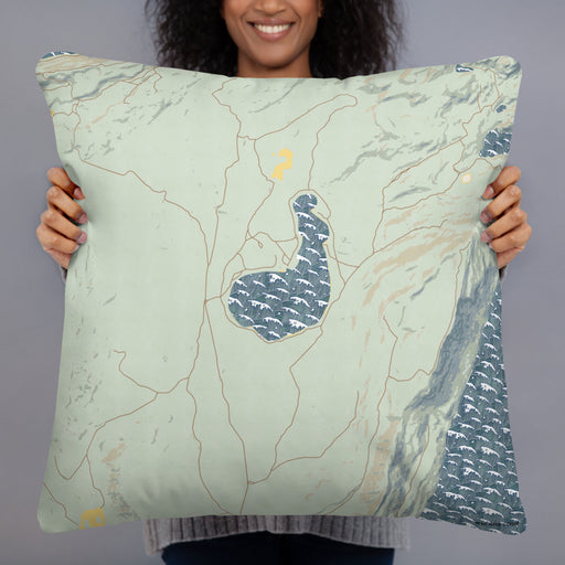 Person holding 22x22 Custom Soda Lake Wyoming Map Throw Pillow in Woodblock