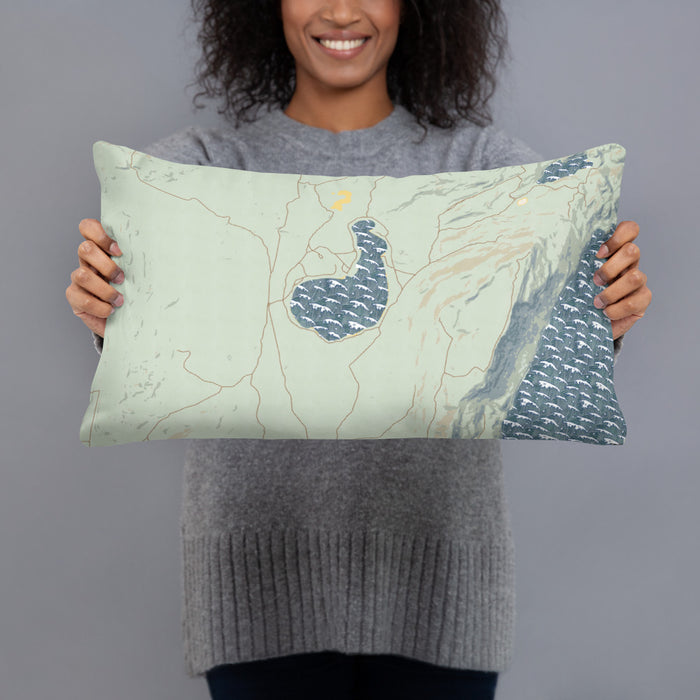 Person holding 20x12 Custom Soda Lake Wyoming Map Throw Pillow in Woodblock