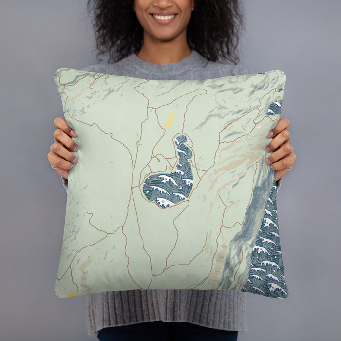 Person holding 18x18 Custom Soda Lake Wyoming Map Throw Pillow in Woodblock