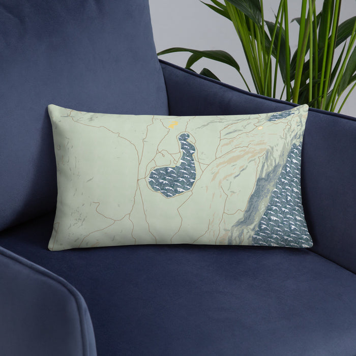 Custom Soda Lake Wyoming Map Throw Pillow in Woodblock on Blue Colored Chair
