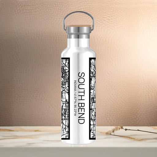 South Bend Indiana Custom City Map Inscription Coordinates on 20oz Stainless Steel Insulated Bottle with Bamboo Top in Matte White with printed Tactile Lines Map in Black