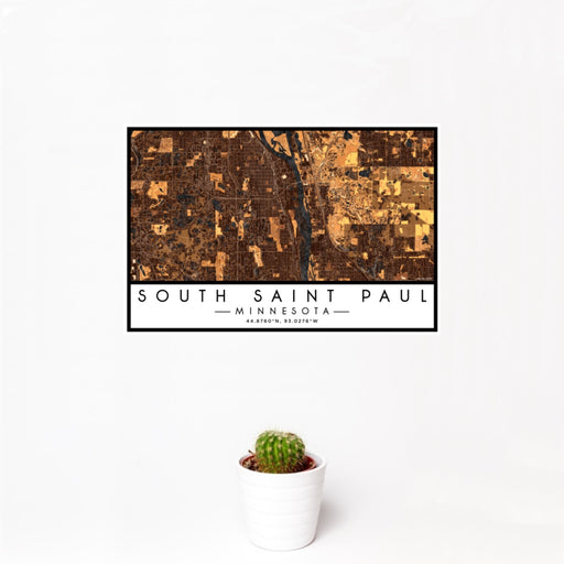 12x18 South Saint Paul Minnesota Map Print Landscape Orientation in Ember Style With Small Cactus Plant in White Planter