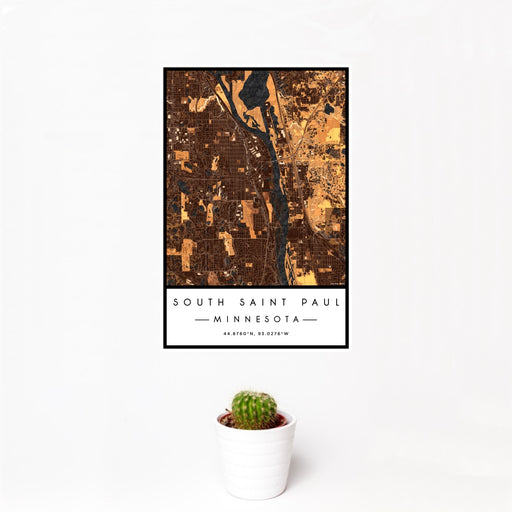 12x18 South Saint Paul Minnesota Map Print Portrait Orientation in Ember Style With Small Cactus Plant in White Planter