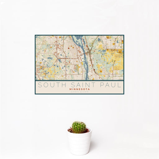 12x18 South Saint Paul Minnesota Map Print Landscape Orientation in Woodblock Style With Small Cactus Plant in White Planter