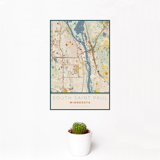 12x18 South Saint Paul Minnesota Map Print Portrait Orientation in Woodblock Style With Small Cactus Plant in White Planter