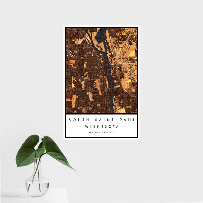 16x24 South Saint Paul Minnesota Map Print Portrait Orientation in Ember Style With Tropical Plant Leaves in Water