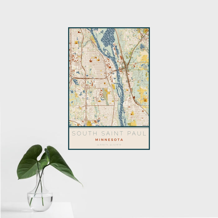 16x24 South Saint Paul Minnesota Map Print Portrait Orientation in Woodblock Style With Tropical Plant Leaves in Water