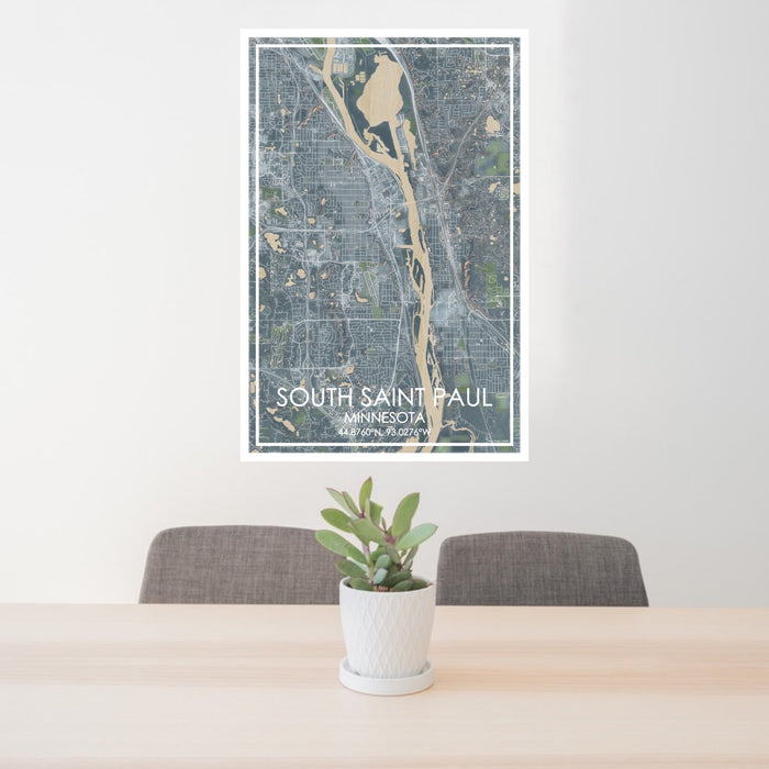 24x36 South Saint Paul Minnesota Map Print Portrait Orientation in Afternoon Style Behind 2 Chairs Table and Potted Plant
