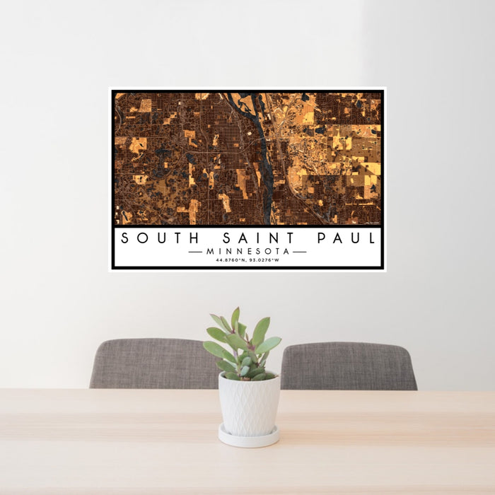 24x36 South Saint Paul Minnesota Map Print Lanscape Orientation in Ember Style Behind 2 Chairs Table and Potted Plant