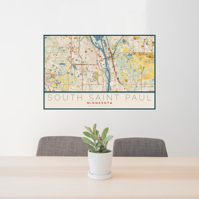 24x36 South Saint Paul Minnesota Map Print Lanscape Orientation in Woodblock Style Behind 2 Chairs Table and Potted Plant