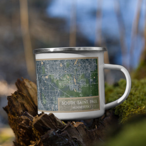 Right View Custom South Saint Paul Minnesota Map Enamel Mug in Afternoon on Grass With Trees in Background