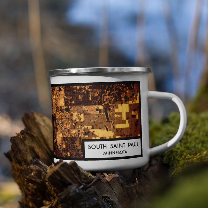 Right View Custom South Saint Paul Minnesota Map Enamel Mug in Ember on Grass With Trees in Background