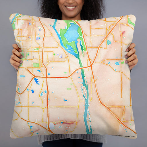 Person holding 22x22 Custom South Saint Paul Minnesota Map Throw Pillow in Watercolor