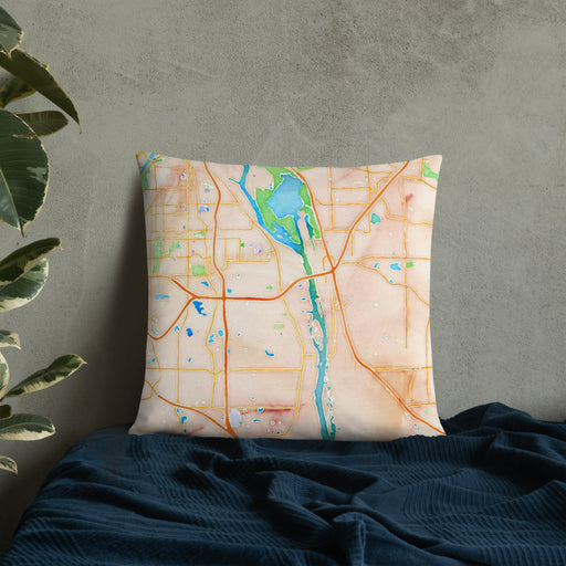 Custom South Saint Paul Minnesota Map Throw Pillow in Watercolor on Bedding Against Wall