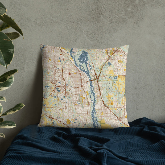 Custom South Saint Paul Minnesota Map Throw Pillow in Woodblock on Bedding Against Wall