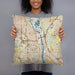 Person holding 18x18 Custom South Saint Paul Minnesota Map Throw Pillow in Woodblock