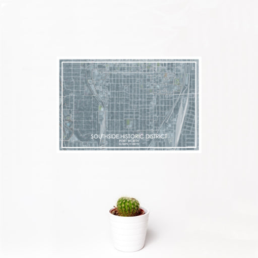12x18 Southside Historic District Fort Worth Map Print Landscape Orientation in Afternoon Style With Small Cactus Plant in White Planter