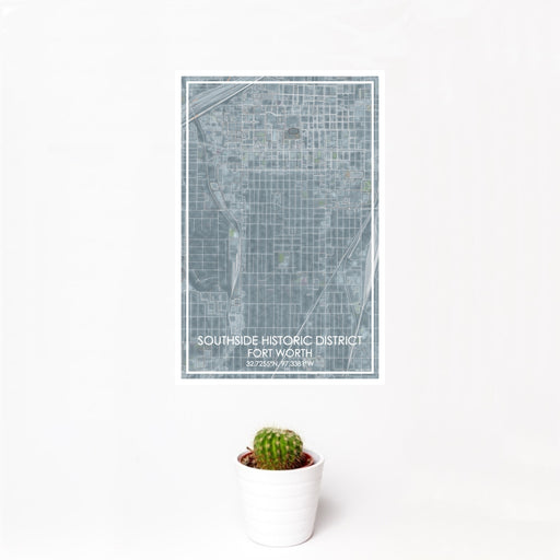 12x18 Southside Historic District Fort Worth Map Print Portrait Orientation in Afternoon Style With Small Cactus Plant in White Planter