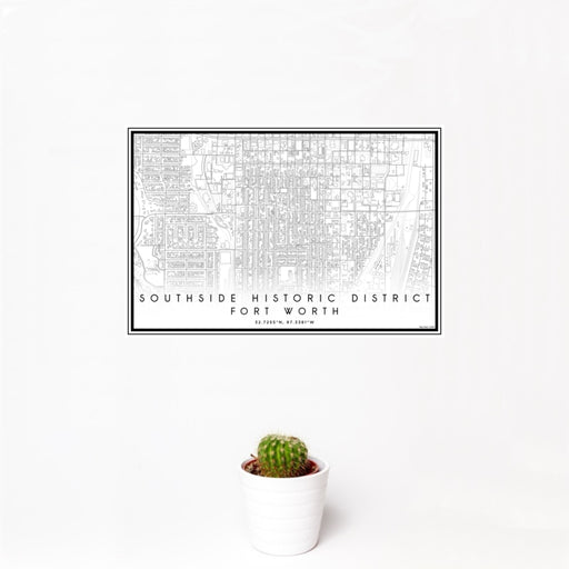 12x18 Southside Historic District Fort Worth Map Print Landscape Orientation in Classic Style With Small Cactus Plant in White Planter