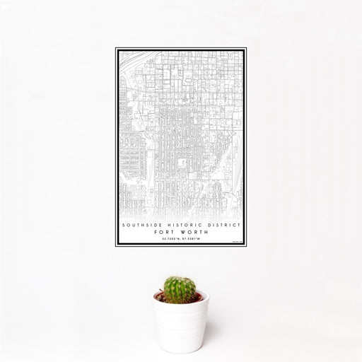 12x18 Southside Historic District Fort Worth Map Print Portrait Orientation in Classic Style With Small Cactus Plant in White Planter