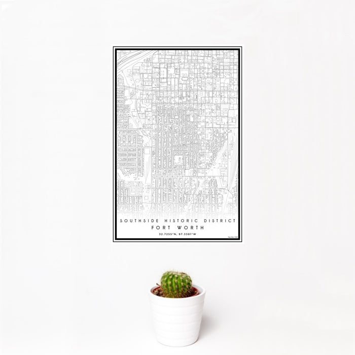 12x18 Southside Historic District Fort Worth Map Print Portrait Orientation in Classic Style With Small Cactus Plant in White Planter