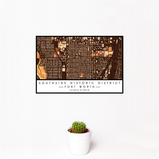 12x18 Southside Historic District Fort Worth Map Print Landscape Orientation in Ember Style With Small Cactus Plant in White Planter