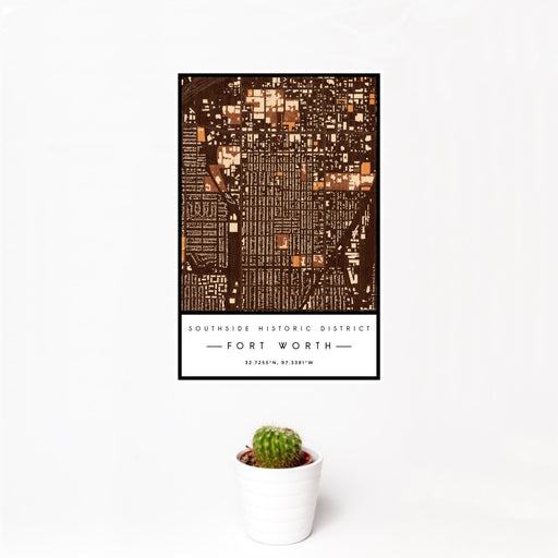 12x18 Southside Historic District Fort Worth Map Print Portrait Orientation in Ember Style With Small Cactus Plant in White Planter