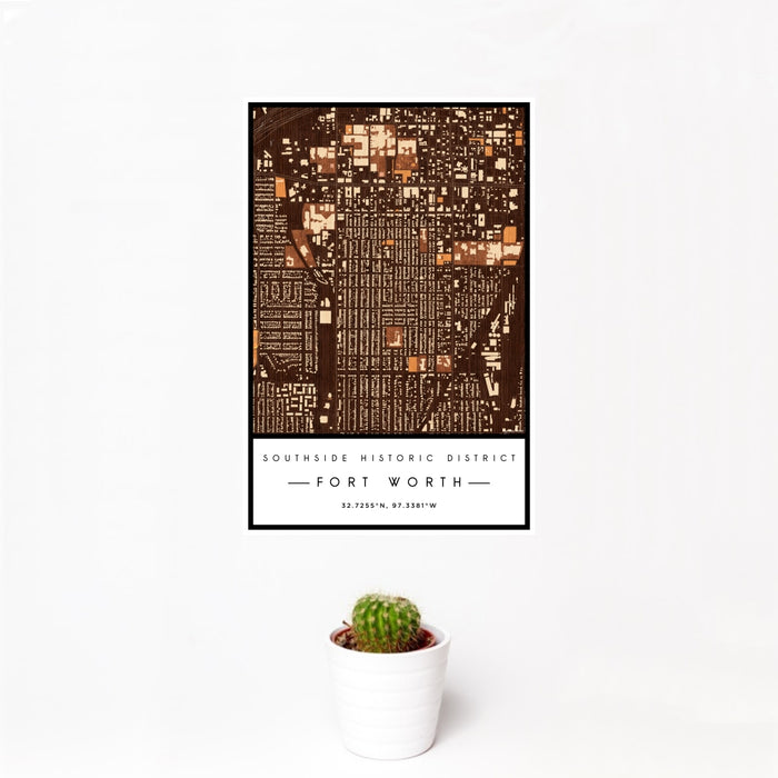 12x18 Southside Historic District Fort Worth Map Print Portrait Orientation in Ember Style With Small Cactus Plant in White Planter