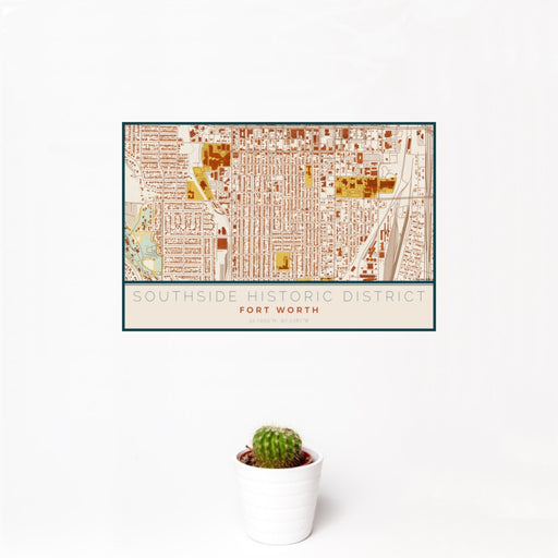 12x18 Southside Historic District Fort Worth Map Print Landscape Orientation in Woodblock Style With Small Cactus Plant in White Planter