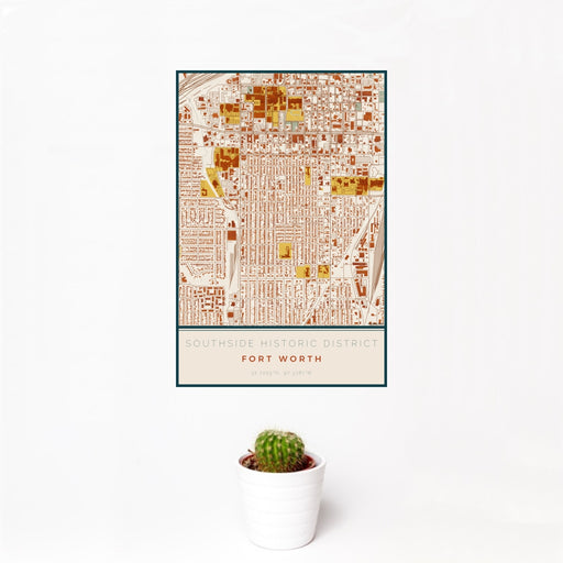 12x18 Southside Historic District Fort Worth Map Print Portrait Orientation in Woodblock Style With Small Cactus Plant in White Planter