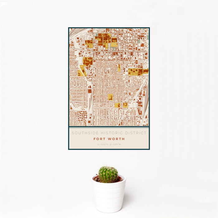 12x18 Southside Historic District Fort Worth Map Print Portrait Orientation in Woodblock Style With Small Cactus Plant in White Planter