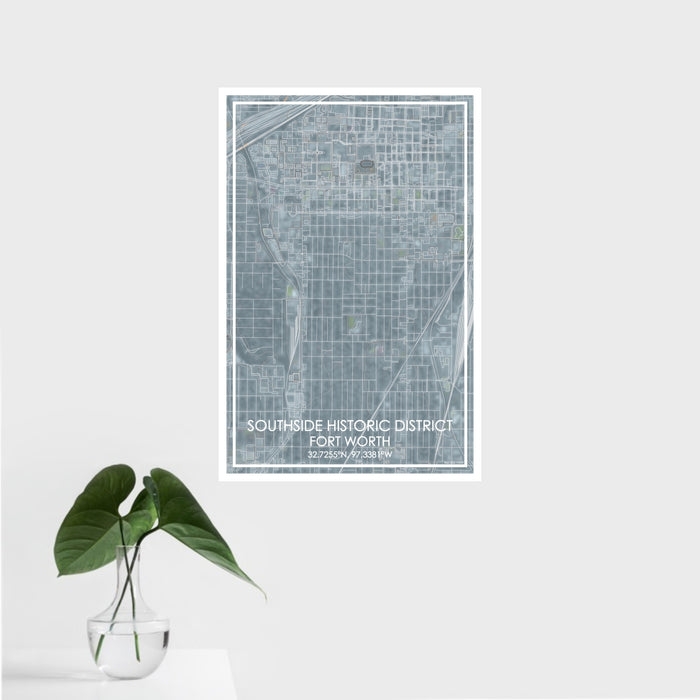 16x24 Southside Historic District Fort Worth Map Print Portrait Orientation in Afternoon Style With Tropical Plant Leaves in Water