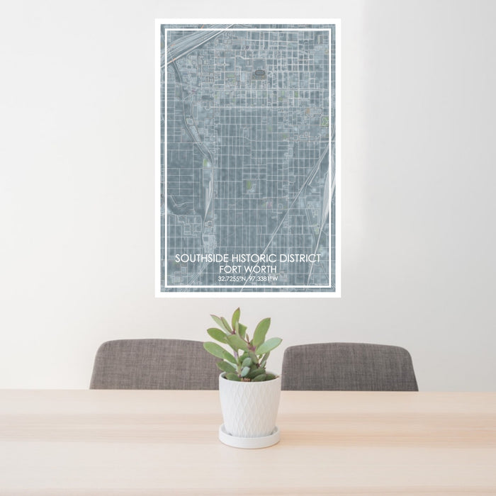 24x36 Southside Historic District Fort Worth Map Print Portrait Orientation in Afternoon Style Behind 2 Chairs Table and Potted Plant