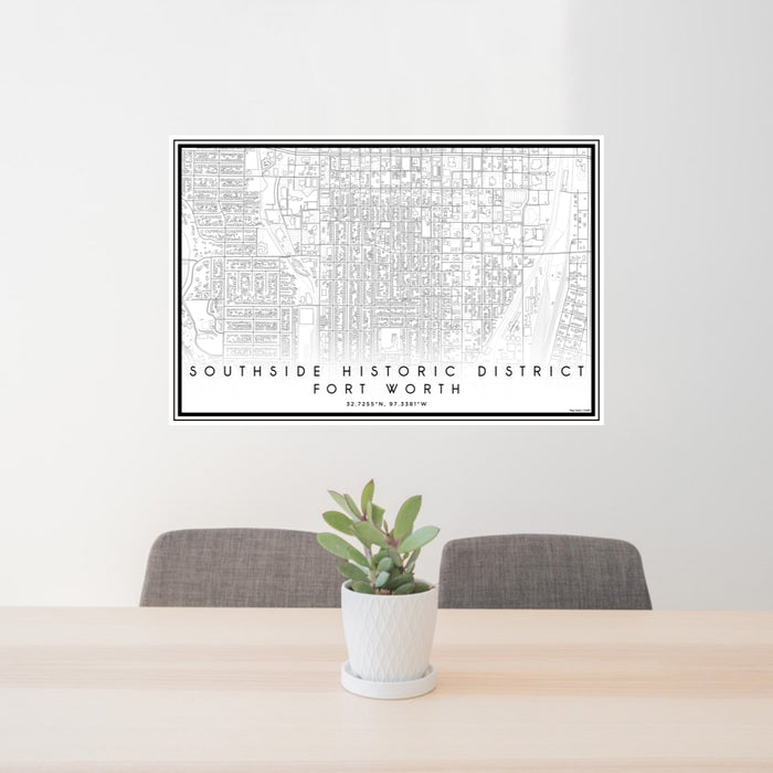 24x36 Southside Historic District Fort Worth Map Print Lanscape Orientation in Classic Style Behind 2 Chairs Table and Potted Plant