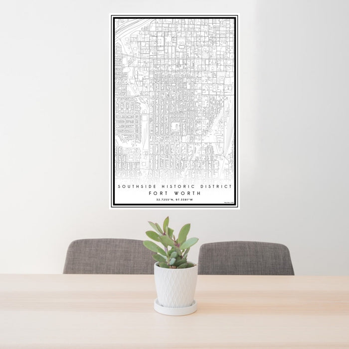 24x36 Southside Historic District Fort Worth Map Print Portrait Orientation in Classic Style Behind 2 Chairs Table and Potted Plant