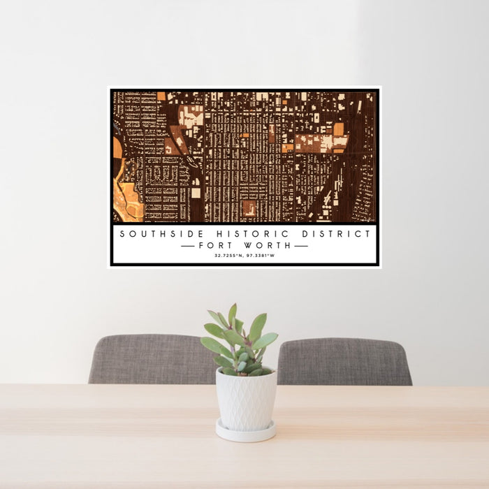24x36 Southside Historic District Fort Worth Map Print Lanscape Orientation in Ember Style Behind 2 Chairs Table and Potted Plant