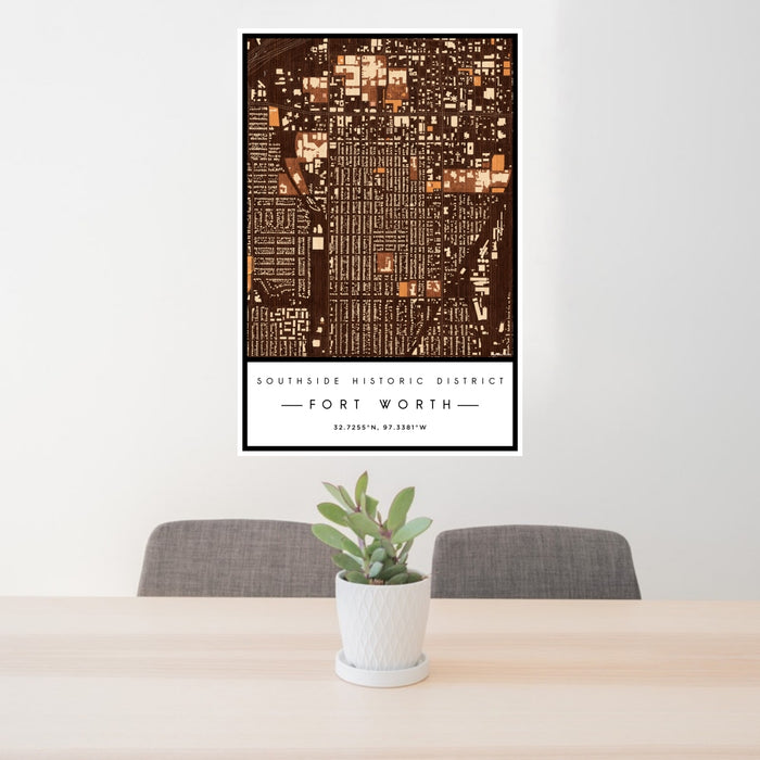 24x36 Southside Historic District Fort Worth Map Print Portrait Orientation in Ember Style Behind 2 Chairs Table and Potted Plant