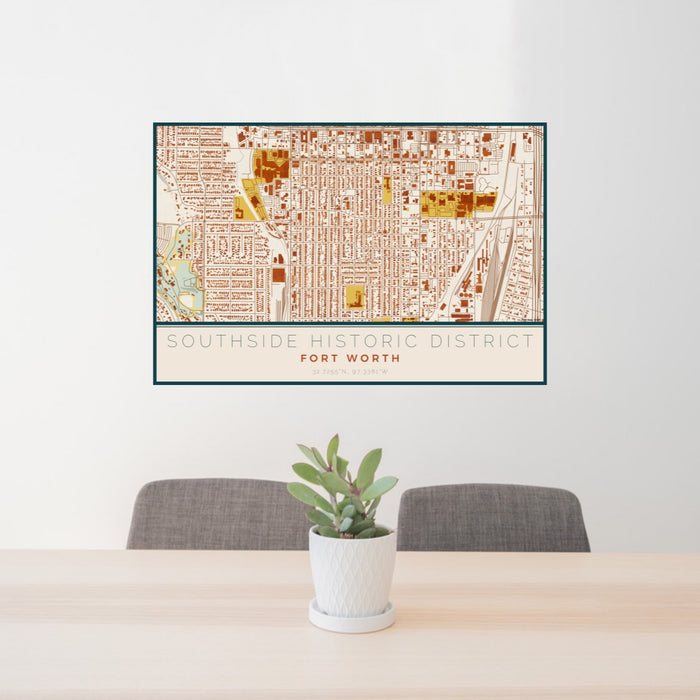 24x36 Southside Historic District Fort Worth Map Print Lanscape Orientation in Woodblock Style Behind 2 Chairs Table and Potted Plant
