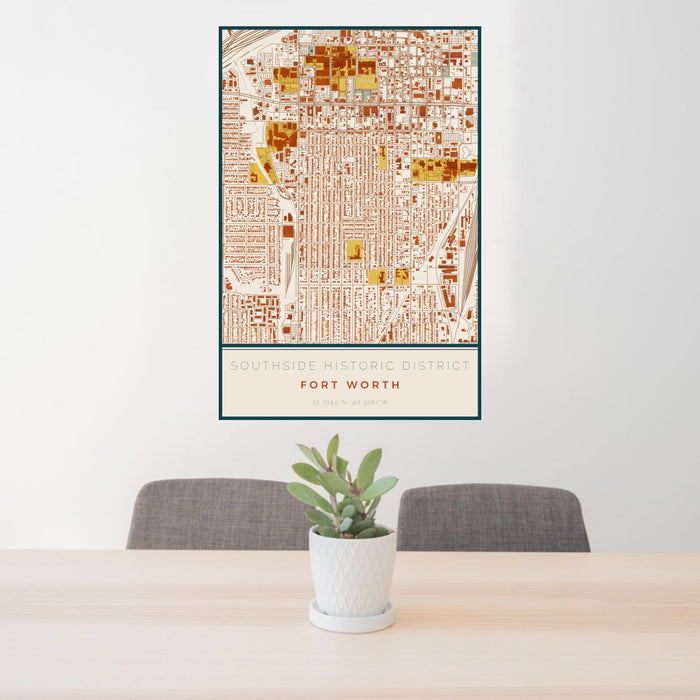 24x36 Southside Historic District Fort Worth Map Print Portrait Orientation in Woodblock Style Behind 2 Chairs Table and Potted Plant