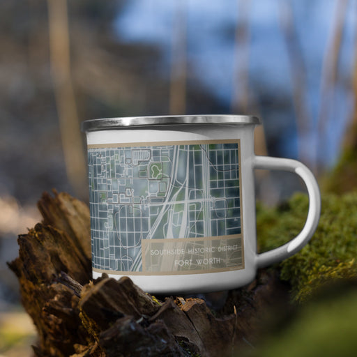 Right View Custom Southside Historic District Fort Worth Map Enamel Mug in Afternoon on Grass With Trees in Background