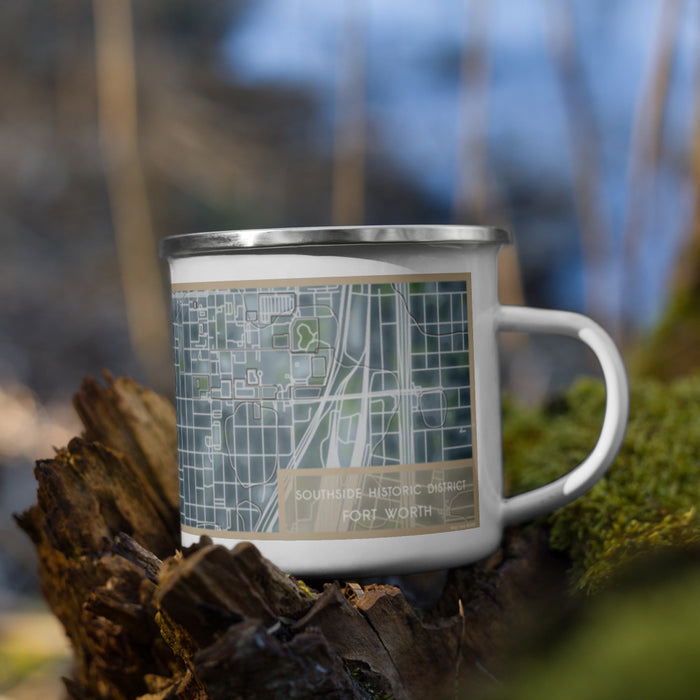 Right View Custom Southside Historic District Fort Worth Map Enamel Mug in Afternoon on Grass With Trees in Background