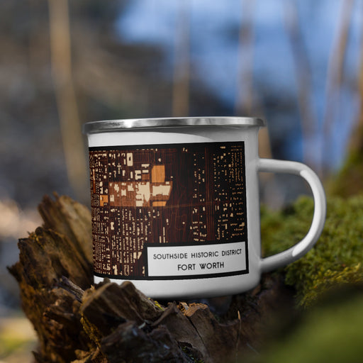 Right View Custom Southside Historic District Fort Worth Map Enamel Mug in Ember on Grass With Trees in Background