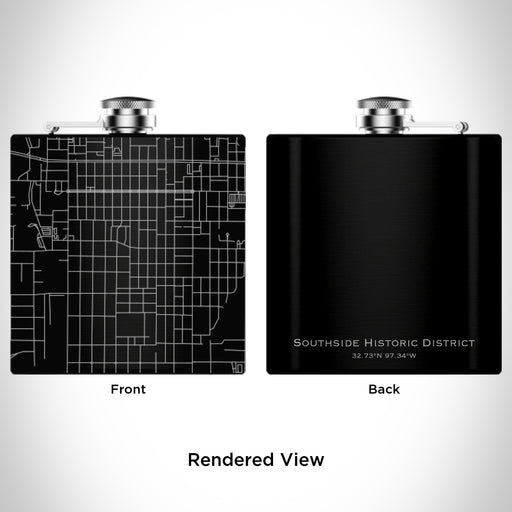 Rendered View of Southside Historic District Fort Worth Map Engraving on 6oz Stainless Steel Flask in Black