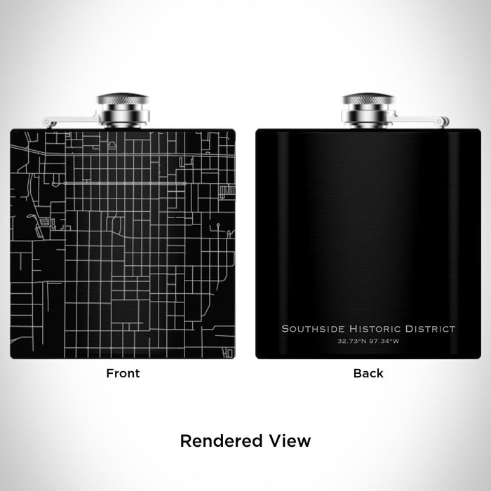 Rendered View of Southside Historic District Fort Worth Map Engraving on 6oz Stainless Steel Flask in Black