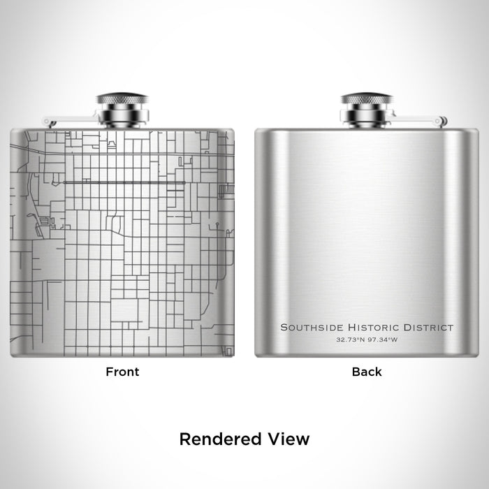 Rendered View of Southside Historic District Fort Worth Map Engraving on 6oz Stainless Steel Flask