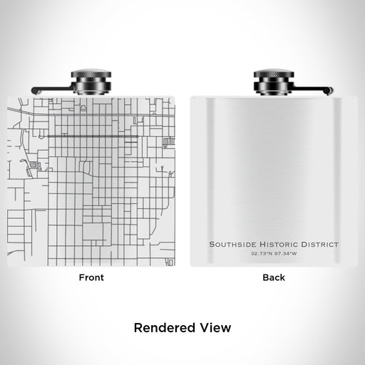 Rendered View of Southside Historic District Fort Worth Map Engraving on 6oz Stainless Steel Flask in White
