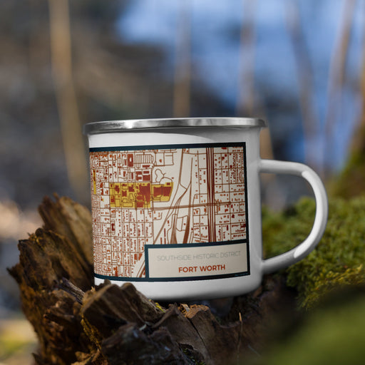 Right View Custom Southside Historic District Fort Worth Map Enamel Mug in Woodblock on Grass With Trees in Background